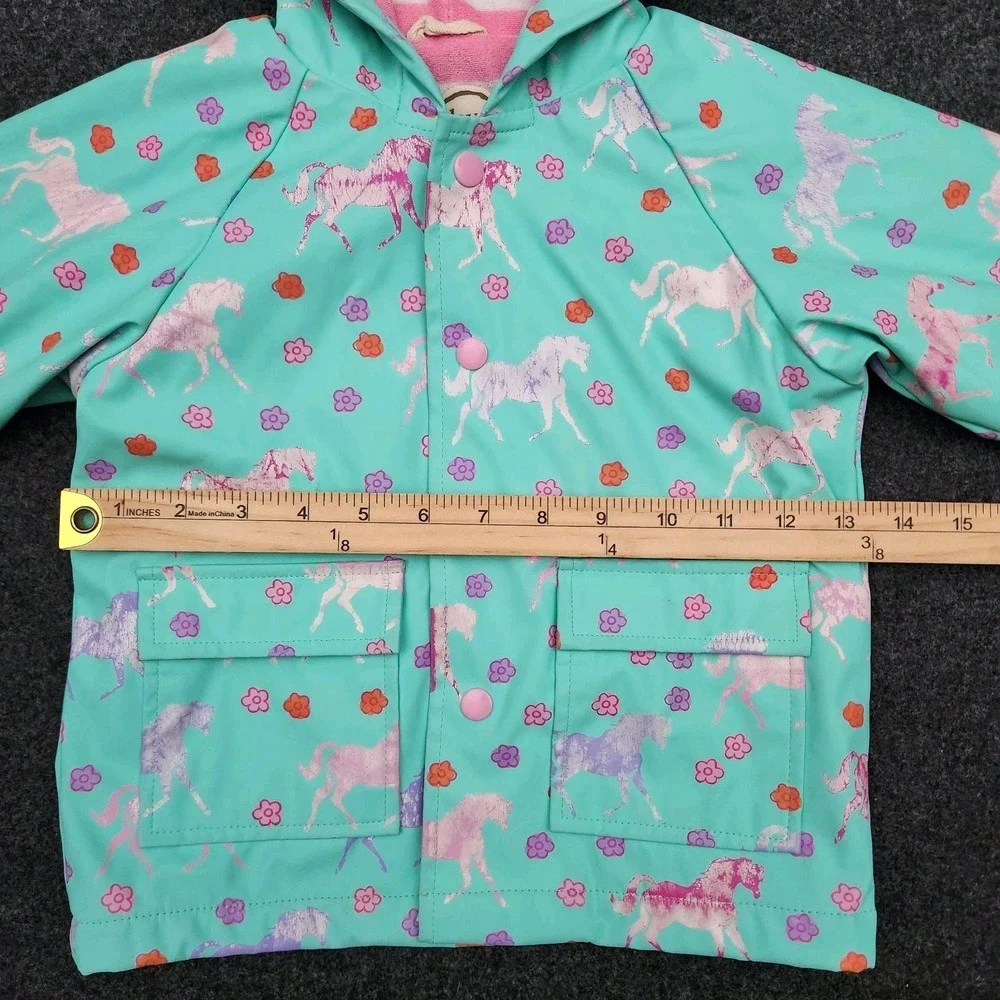 Hatley‎ Girls 18-24 Months Blue Horse Flower Snap Button-Up Rain Jacket Hooded
